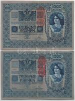 Ausztria 1919. (1902) 1000K (2x) függőleges "DEUTSCHÖSTERREICH" felülbélyegzéssel, mindkét oldal német T:III kis szakadás Austria 1919. (1902) 1000 Kronen (2x) with vertical "DEUTSCHÖSTERREICH" overprint, both sides in german C:F small tear Krause P#58