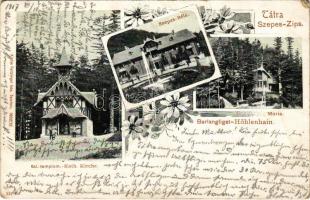 1907 Barlangliget, Höhlenhain, Tatranská Kotlina (Magas-Tátra, Vysoké Tatry); Mária és Szepes-Béla villa, Római katolikus templom. Feitzinger Ede 1902/12. 527. Kr. / villas, church. Art Nouveau, floral (EB)