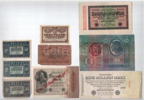1912. 100K piros MAGYARORSZÁG felülbélyegzéssel + 1920. 20f + 1920. 50f (3db) + Csehszlovákia 1919. 1K + Németország / Weimari Köztársaság 1922-1923. 3xklf bankjegy T:III-IV