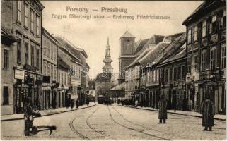 Pozsony, Pressburg, Bratislava; Frigyes főhercegi utca, villamos, Bayer Ferenc üzlete. Bediene dich allein / Erzherzog Friedrichstrasse / street, shops, tram