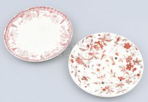 2db antik fajansz tányér, jelzett, kopásnyomokkal, m: 18 cm