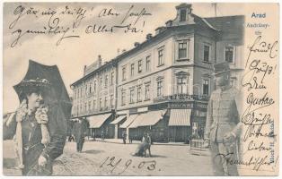 1903 Arad, Andrássy tér, Reinhart Fülöp üzlete, Bloch H. nyomdája és saját kiadása. Montázs katonatiszttel és hölggyel / square, shops. Montage with military officer and lady (EK)