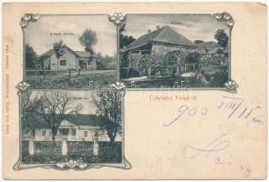 1903 Feled, Veladin, Jesenské; Újfeledi vasútállomás, malom, Fornét ház, kastély. Lévai Izsó kiadása / Jesenské zastávka railway station, mill, castle, villa. Art Nouveau, floral (EK)