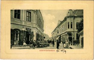 1911 Kézdivásárhely, Targu Secuiesc; utca, Győrfi Sándor hússzéke és Nagy S. Pál üzlete, lovas szekér. W.L. Bp. 6886. 1910-13. / butcher, shop, street, horse cart (EK)