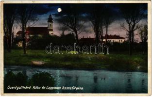 1942 Szentgotthárd, Rába és Lapincs összefolyása este, templom. Németh Vilmos kiadása (EK)