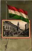 1909 Ungvár, Uzshorod, Uzhorod; Fő utca, mezei Gyula liszt, só és rizs kereskedő üzlete. Székely és Illés kiadása, Szecessziós magyar zászlós montázs / street, shops. Art Nouveau, Hungarian flag, litho (r)