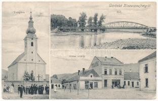 Kiszucaújhely, Kysucké Nové Mesto; templom, híd, utca, Braun Adolf vendéglője, Schlang. üzlete / church, bridge, street, restaurant, shop (EK)