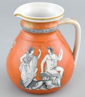 Antik fajansz kancsó görög jelenetekkel, jelzés nélkül, mázrepedésekkel, kis kopásokkal, m: 14 cm