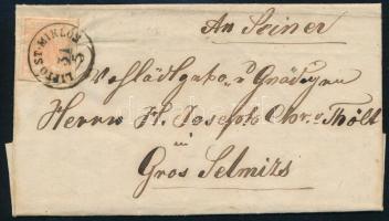 1858 3kr levélen (a bélyegen hajtásnyom, ránc) / on cover "LIPTÓ ST. MIKLÓS" - Gros Selmitz (fold or crease on the stamp)