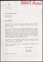 2003 Göncz Árpád volt államfő autográf aláírása Litteratti-Végh Lászlónak szóló levélen