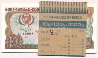 Észak-Korea 1978. (1983) 10W zöld pecsét (14x) egy kivétellel sorszámkövetők, banki kötegelővel T:I- North Korea 1978. (1983) 10 Won green stamp (14x) consecutive serials but one, with wrapper C:AU Krause P#20b