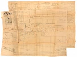 cca 1930 Aeromechanika repülőgép modell tervek. Hort 2 Stuka. Benzinmotoros modell. Horváth Tibor. Nagy méretű tervrajz, karton borítóval