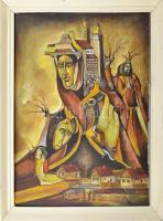N. Gál János: Szürrealista kompozíció. Olaj, farost, keretben, jelzett, 50,5x35 cm  (Talán akkor vagyok legközelebb, ha azt mondom tárgyas meditációk mikor a gondolkodást kikapcsolom és valami belülről vezeti az ecsetet, akik és amik hatottak rám, Csontváry, Chagall, Bizánc.)
