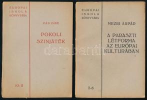 Európai Iskola Könyvtára, 2 füzet: Mezei Árpád: A paraszti létforma az európai kulturában; Pán Imre: Pokoli színjáték. (5-6., 10-11. sz.) Bp., [1946-1947], Művészbolt, 32 p., 32 p. Kiadói papírkötés, a borítókon kisebb sérülések.