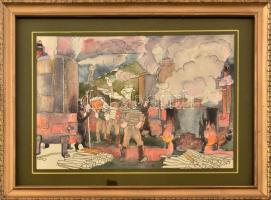Pánczél Béla (1900-1966): Székely legények a pokolban. Akvarell, tus, papír, jelzés nélkül. Üvegezett fakeretben, 19x26,5 cm