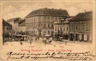 1902 Versec, Vrsac; Sétatér, piac, Lövenstein & Győri, Brüder Walke, Wassermann és Svetozer üzlete, lóvasút / Corso / square, market, shops, horse-drawn tram (EK)