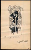 Radó Ernő (?-?): Szecessziós emléklap női alakkal és virágokkal, 1906. Tus, ceruza, papír, jelzett, törésnyomokkal, 18x11 cm