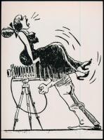 A fényképész és az asszisztense, az élességállítás feszült pillanata, karikatúra fotópapíron, Fekete György (1904-1990) budapesti fényképész hagyatékából 1 db mai nagyítás, 24x17,7 cm
