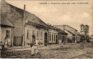 1910 Lugos, Lugoj; Temesvári utca, görögkatolikus templom, üzlet / street, Greek Catholic church, shop