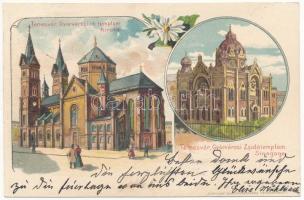 1899 (Vorläufer) Temesvár, Timisoara; Gyárváros, Római katolikus és zsidó templom, zsinagóga. Corvina könyvkereskedés kiadása / Fabrica, church and synagogue. Art Nouveau, floral, litho (r)