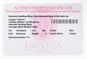 Ezüst (Ag) gyűrű 0,04ct brillel ékítve, bruttó: 1,98 g , m: 63. Tanúsítvánnyal