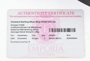 Ezüst (Ag) gyűrű gyémánttal 0,04 ct, certifikáttal 1,86 g m:62 Tanúsítvánnyal