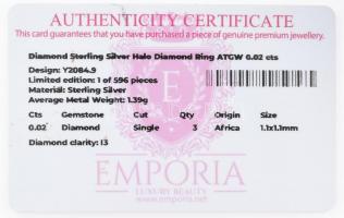 Ezüst (Ag) gyűrű 3 db gyémánttal 0,02 ct, certifikáttal 1,5 g m:59 Tanúsítvánnyal