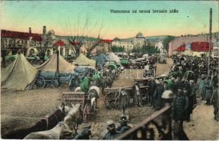 1915 Homonna, Humenné; Fő tér az orosz invázió után, felállított katonai tábor. Ambrosi M. felvétele, Waller Mór kiadása / main square after the Russian invasion, military camp tents