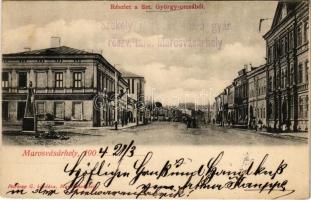 1904 Marosvásárhely, Targu Mures; Szentgyörgy (Szt. György) utca. Petróczy G. kiadása + Székely játék és faáru gyár részv. társ. reklám / street