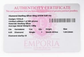 Ezüst (Ag) gyűrű gyémánttal 0,01 ct, certifikáttal 1,98 g m:59 Tanúsítvánnyal