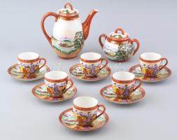 Japán mintás porcelán teás készlet. Hat személyes. Kézzel festett, jelzett, egy tányér ragasztott. 45x30 cm