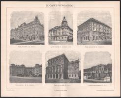 cca 1900 3 db Budapesti épületek témájú nyomat a Pallas Nagy Lexikonából, 24x29,5 cm