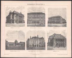 cca 1900 3 db Budapesti épületek témájú nyomat a Pallas Nagy Lexikonából, 24x29,5 cm