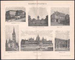 cca 1900 3 db Budapesti épületek témájú nyomat a Pallas Nagy Lexikonából, 24x29,5 cm