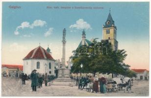 Galgóc, Frasták, Hlohovec; Római katolikus templom, Szentháromság szobor, Fő tér. Vasúti levelezőlapárusítás 2. 1915. / Catholic church, Trinity statue, main square (EK)