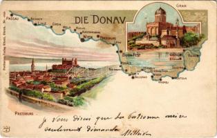 1902 Pozsony, Pressburg, Bratislava; Die Donau / Duna térképe / Danube river map. Künzli Nr. 4605. Art Nouveau, litho (EK)