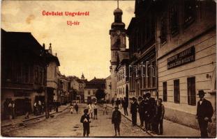 1907 Ungvár, Uzshorod, Uzhorod; Új tér, Lefkovits Jakabné hatos. eng. Zálogkölcsön intézete, Révész üzlete. Steinfeld Dezső kiadása / square, shop, mortgage loan institution (EK)