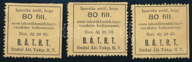 cca 1920 B.Á.T.R.T. (Budai Általános Takarékpénztár Részvénytársaság) 3 db bélyege takarékbetétkönyvre befizetett 80f-ről