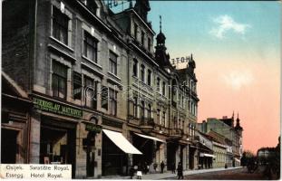 Eszék, Essegg, Osijek; Svratiste Royal / Royal szálloda, Vjekoslav Matkovic és Julius Drechsler üzlete, Dunau biztosító / hotel, shops, street view, insurance company