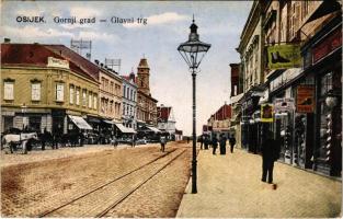 1918 Eszék, Osijek, Essegg; Gornji grad, Glavni trg / tér, Turul cipő és Hermina Ackerhalt üzlet / square, shops