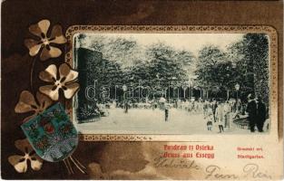 1903 Eszék, Esseg, Osijek; Gradski vrt / Stadtgarten / Városi park. Címeres szecessziós litho keret, kiadja Viktor Fritsche / city park. Art Nouveau, litho frame with coat of arms