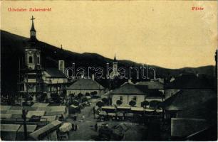 Zalatna, Zlatna; Fő tér, piac, építés alatt álló templom felállványozva, Verseny bazár üzlete. W.L. 3204. / main square, market, church under construction, shop (fl)