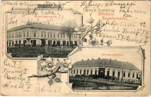 1903 Zsombolya, Hatzfeld, Jimbolia; Mouschong palota, Korona vendéglő, Ber Vilmos (?) üzlete. Manzin és Ferch kiadása / palace, shop, restaurant. Art Nouveau, floral (EK)