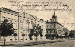 1902 Arad, Megyeház, Neuman ház, Andrássy tér, üzlet. Kerpel Izsó kiadása / square, county hall, shops