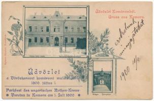 1900 Komárom, Komárnó; Római katolikus iskola, várkapu. Spitzer Sándor kiadása + "Üdvözlet a Vöröskereszt komáromi mulatságáról 1900. június 1." / school, castle gate. Art Nouveau, floral (EK)