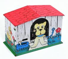 Retró lemezárugyári kutyaház persely, kulcs nélkül, kis rozsdafoltokkal, mechanikája nem jó, 13x7x8,5 cm