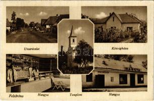 1944 Felsőróna, Rona de Sus; utcakép, Községháza, Hangya Szövetkezet üzlete és italmérése, belső, templom / street view, town hall, cooperative shop and inn interior, church