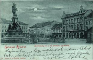 1899 (Vorläufer) Arad, Szabadság tér, 13 vértanu szobor, este, Fiume kávéház, Derestye Gyula, Farber Lajos, Hubert és Rosenberg üzlete. Boch H. nyomda kiadása / martyrs statue, square, night, shops, cafe (fl)