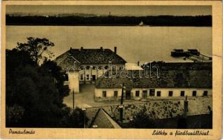 1943 Dunaalmás, látkép a fürdőszállóval + "ESZTERGOM - KOMÁROM 178" vasúti mozgóposta bélyegző (szakadás / tear)