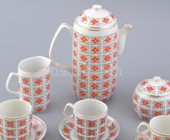 Hollóházi retró hatszemélyes mokkás készlet (kanna, cukortartó, tejszínes kiöntő, 6+1 db csésze, 6 d...